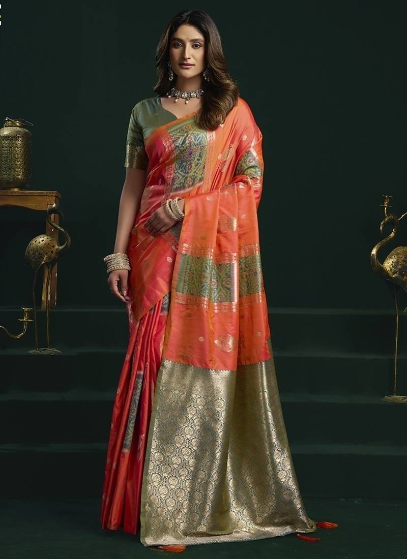 orange & olive soft silk with fancy pumpum saree