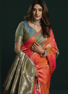 orange & olive soft silk with fancy pumpum saree 2