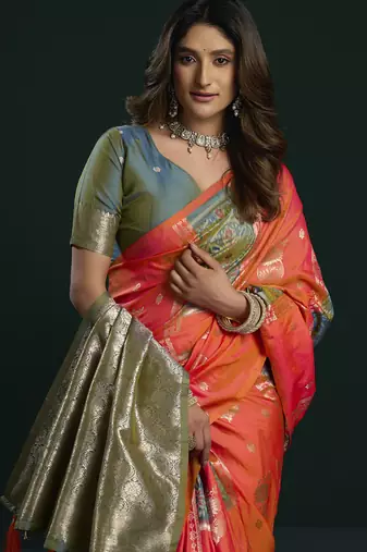 orange & olive soft silk with fancy pumpum saree