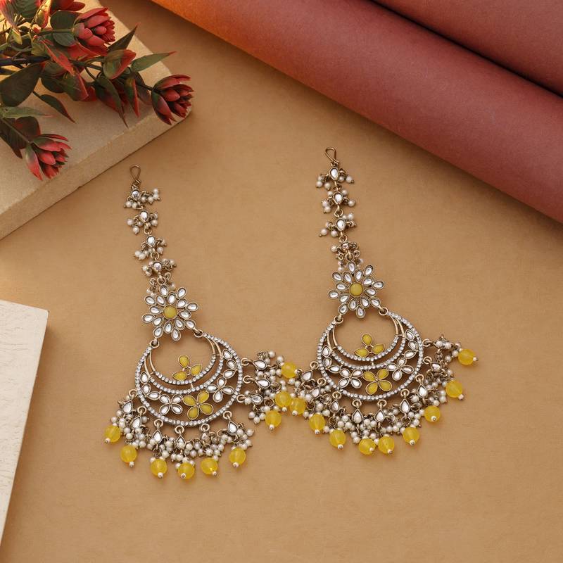 Yellow color kundan earrings