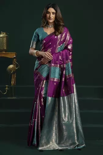 purple & teal soft silk with fancy pumpum saree