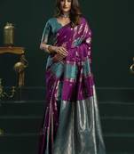 purple & teal soft silk with fancy pumpum saree