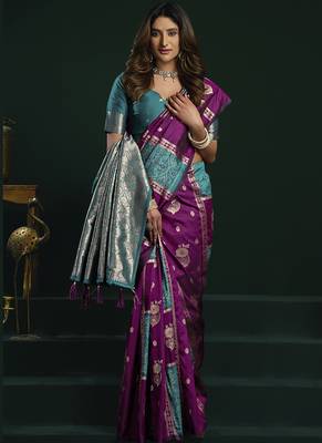 purple & teal soft silk with fancy pumpum saree 2
