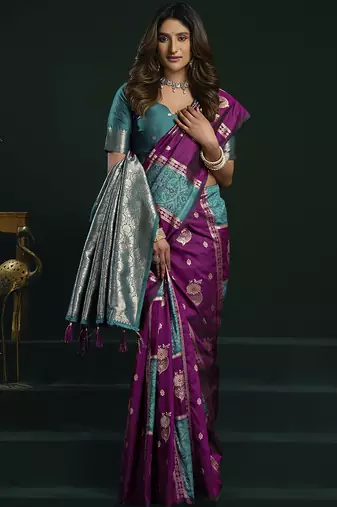 purple & teal soft silk with fancy pumpum saree