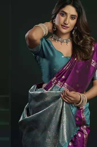 purple & teal soft silk with fancy pumpum saree