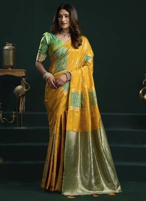 yellow & green soft silk with fancy pumpum saree 1