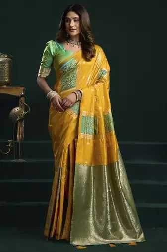 yellow & green soft silk with fancy pumpum saree