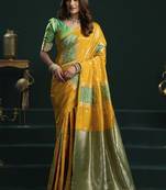 yellow & green soft silk with fancy pumpum saree