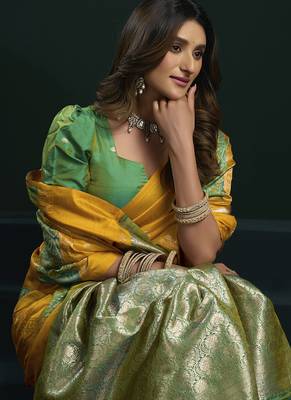 yellow & green soft silk with fancy pumpum saree 2