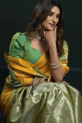 yellow & green soft silk with fancy pumpum saree
