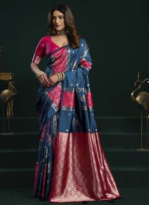 blue & ruby pink soft silk with fancy pumpum saree 1