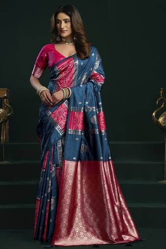 blue & ruby pink soft silk with fancy pumpum saree