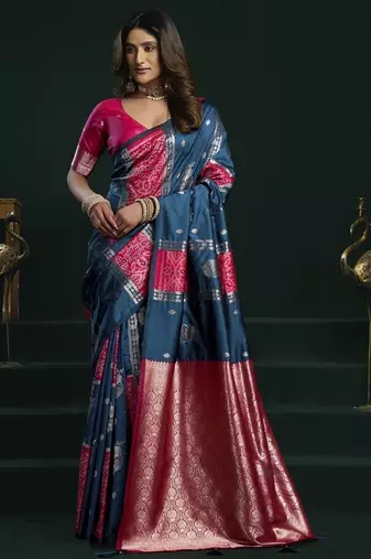 blue & ruby pink soft silk with fancy pumpum saree