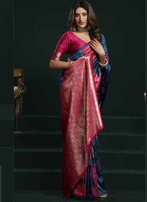 blue & ruby pink soft silk with fancy pumpum saree 2