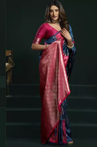 blue & ruby pink soft silk with fancy pumpum saree