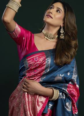 blue & ruby pink soft silk with fancy pumpum saree 3