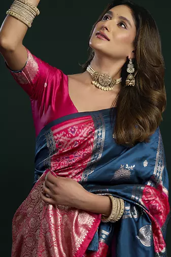 blue & ruby pink soft silk with fancy pumpum saree