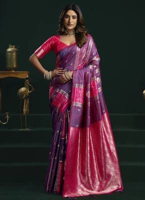 purple & pink soft silk with fancy pumpum saree 1