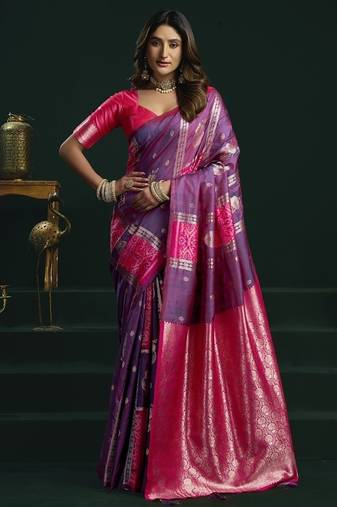 purple & pink soft silk with fancy pumpum saree