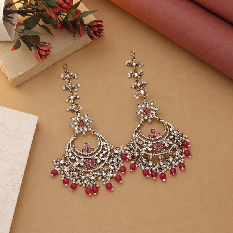 Rani color kundan earrings