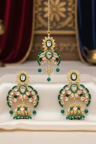 Green color meena work kundan earrings tikka set