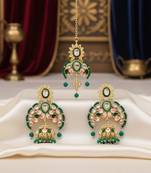 Green color meena work kundan earrings tikka set