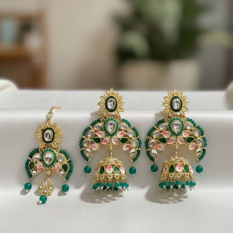 Green color meena work kundan earrings tikka set