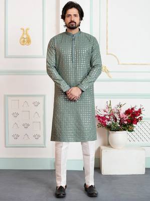 Green art silk straight kurta for men 1