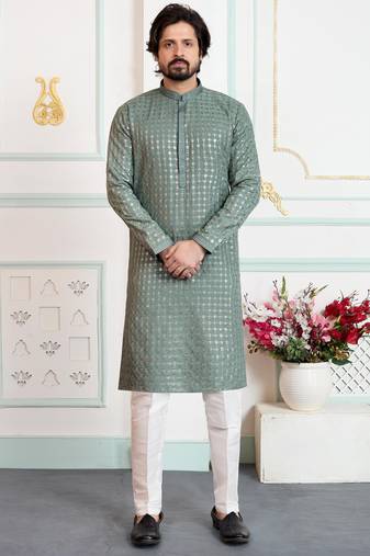 Green art silk straight kurta for men