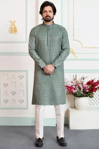 Green art silk straight kurta for men