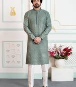 Green art silk straight kurta for men