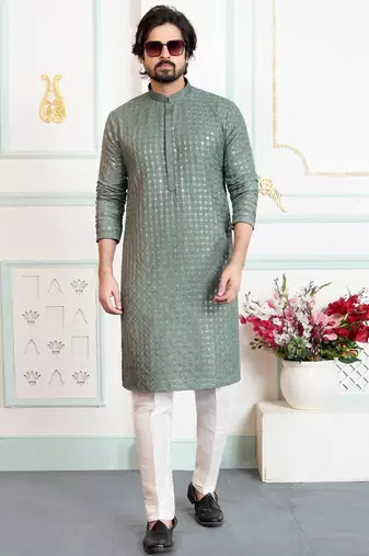 Green art silk straight kurta for men