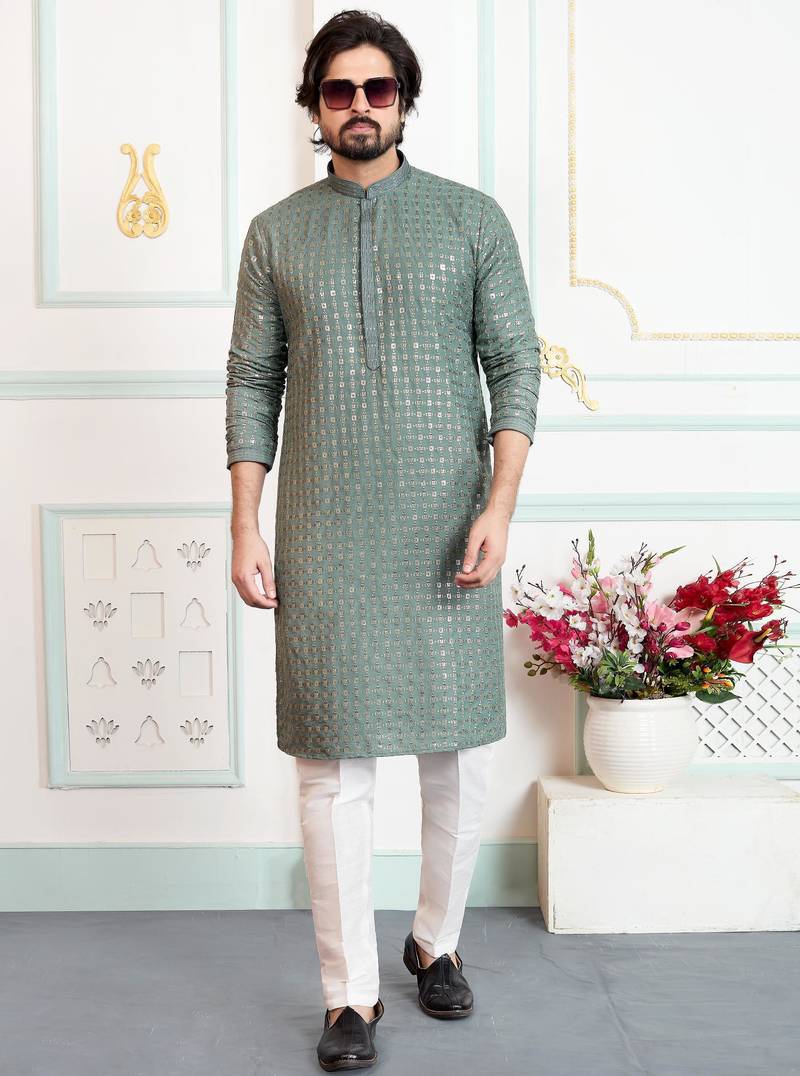 Green art silk straight kurta for men