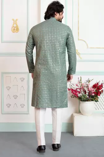 Green art silk straight kurta for men