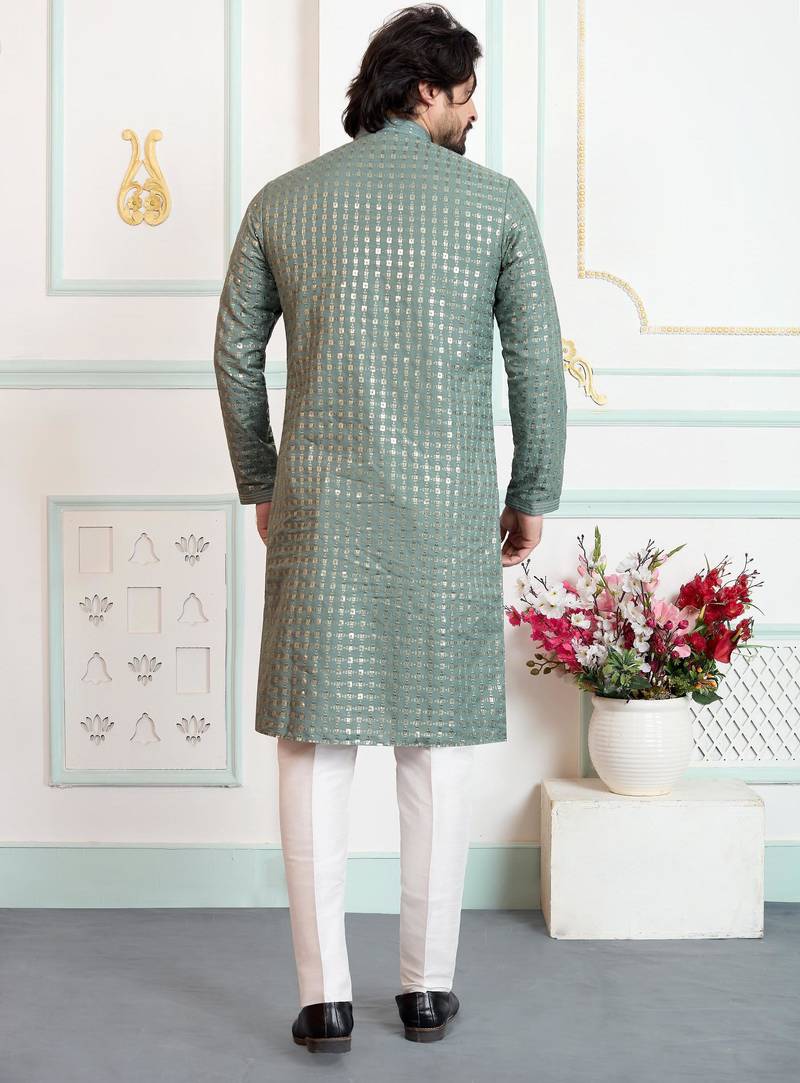 Green art silk straight kurta for men