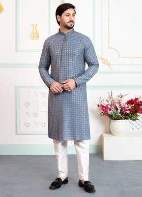 Grey art silk straight kurta for men 1