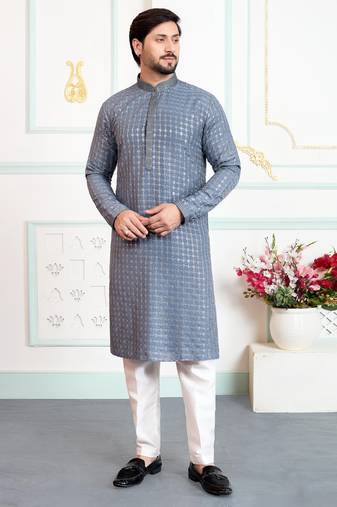 Grey art silk straight kurta for men