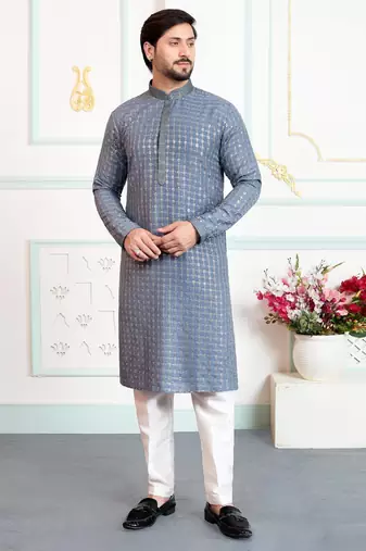 Grey art silk straight kurta for men