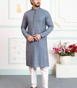 Grey art silk straight kurta for men