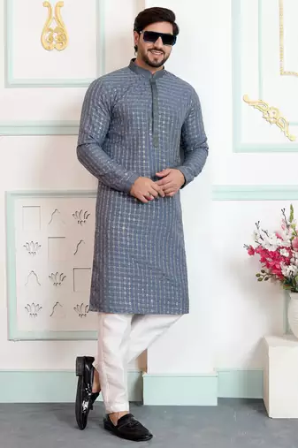 Grey art silk straight kurta for men