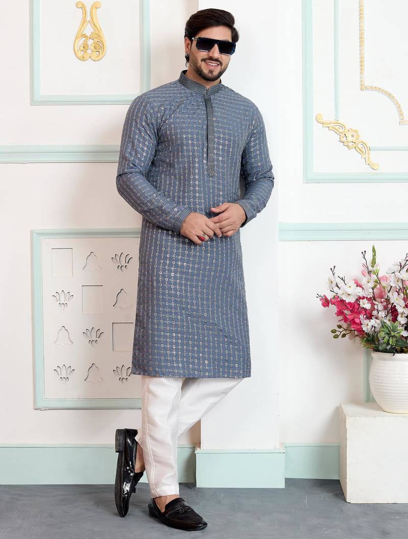 Grey art silk straight kurta for men
