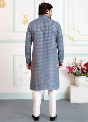 Grey art silk straight kurta for men 3