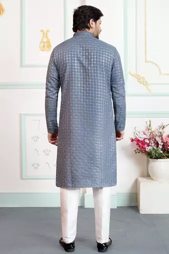 Grey art silk straight kurta for men