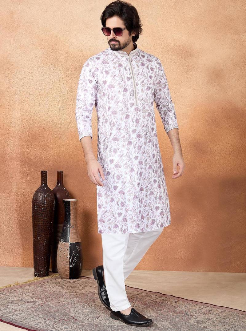 Purple art silk straight kurta for men
