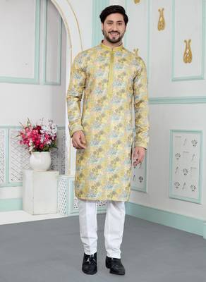 Yellow art silk straight kurta for men 1