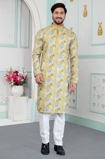 Yellow art silk straight kurta for men