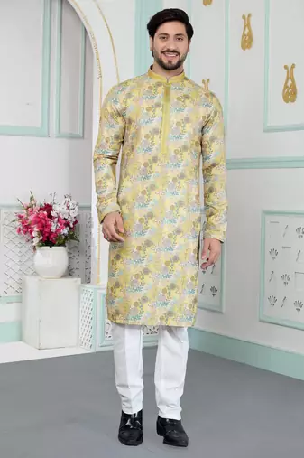 Yellow art silk straight kurta for men