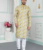 Yellow art silk straight kurta for men