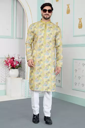 Yellow art silk straight kurta for men