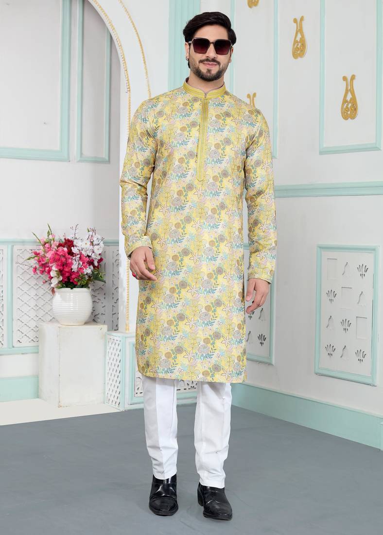 Yellow art silk straight kurta for men